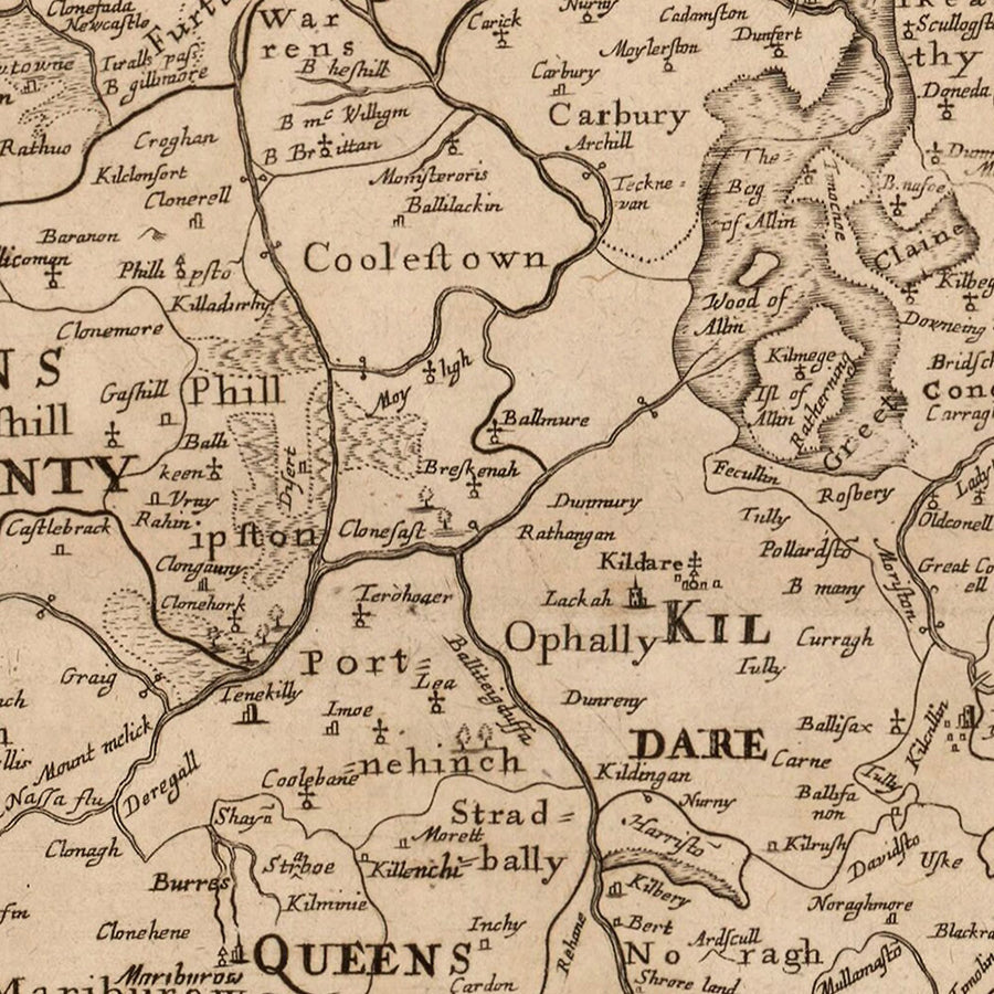 Old Map of Leinster by Petty, 1685: Dublin, Kilkenny, Wexford, Waterford, Kildare, Louth, Meath