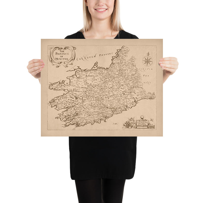 Ancienne carte du Munster par Petty, 1685 : Cork, Limerick, Waterford, Ennis, Tralee, Clonmel 