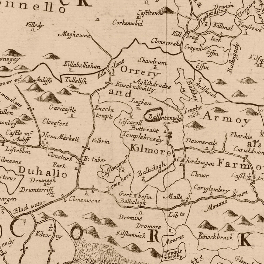 Ancienne carte du Munster par Petty, 1685 : Cork, Limerick, Waterford, Ennis, Tralee, Clonmel 