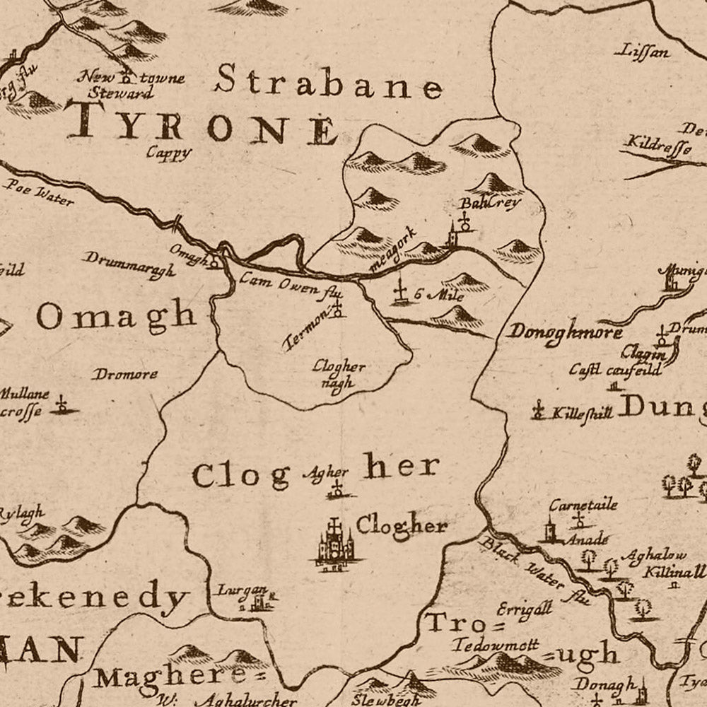 Mapa antiguo del Ulster de Petty, 1685: Armagh, Belfast, Derry, Downpatrick, Enniskillen