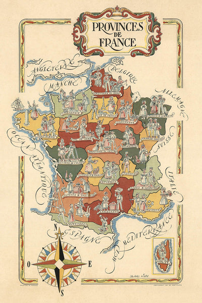 Old Pictorial Map of France's Provinces and Corsica by Liozu, 1951