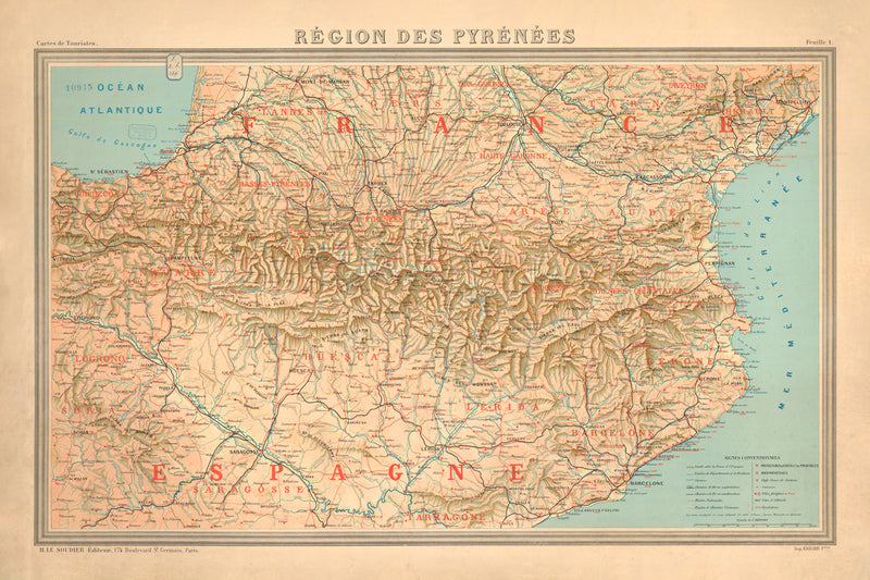 Pyrenees World Map Old Map of the Pyrenees Mountains, 1920: Southern France and Northern ...