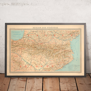 Ancienne carte des Pyrénées, 1920 : sud de la France et nord de l&