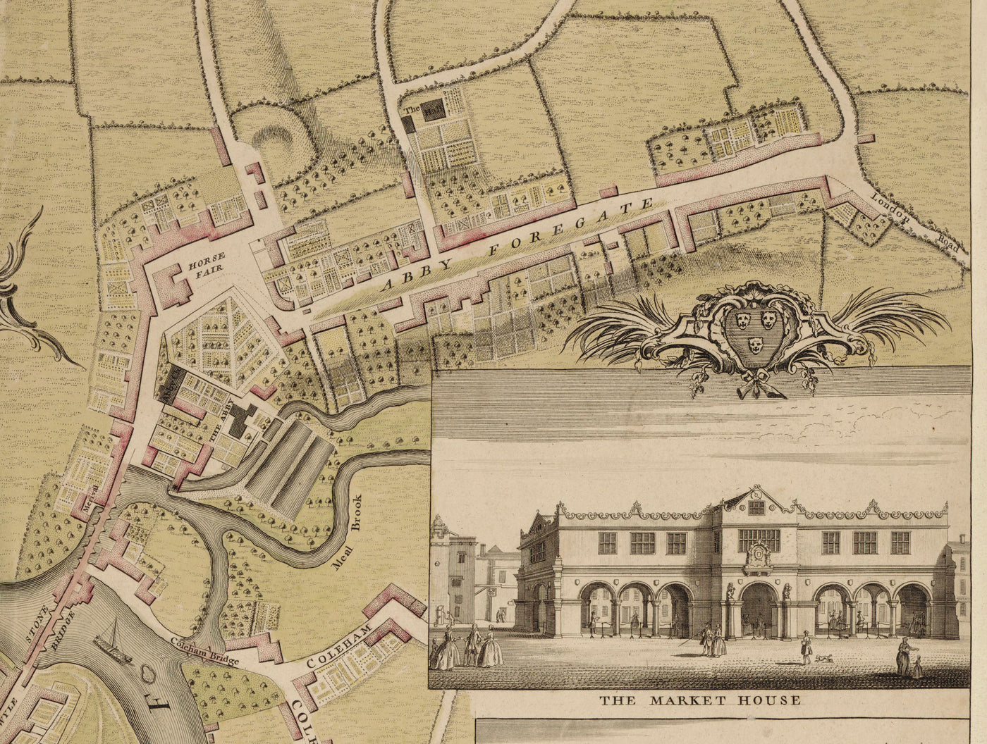 Mapa antiguo de Shrewsbury en 1746 por John Rocque - Río Severn, Frankwell, Puente Galés, Puente de Piedra, Bowling Green
