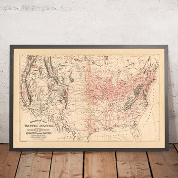 Antiguo mapa ferroviario de los Estados Unidos por Samuel Mitchell, 1890: gráfico ferroviario del Atlántico al Pacífico
