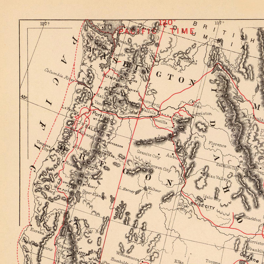 Alte Eisenbahnkarte der Vereinigten Staaten von Samuel Mitchell, 1890: Atlantic-zu-Pazifik-Eisenbahndiagramm 
