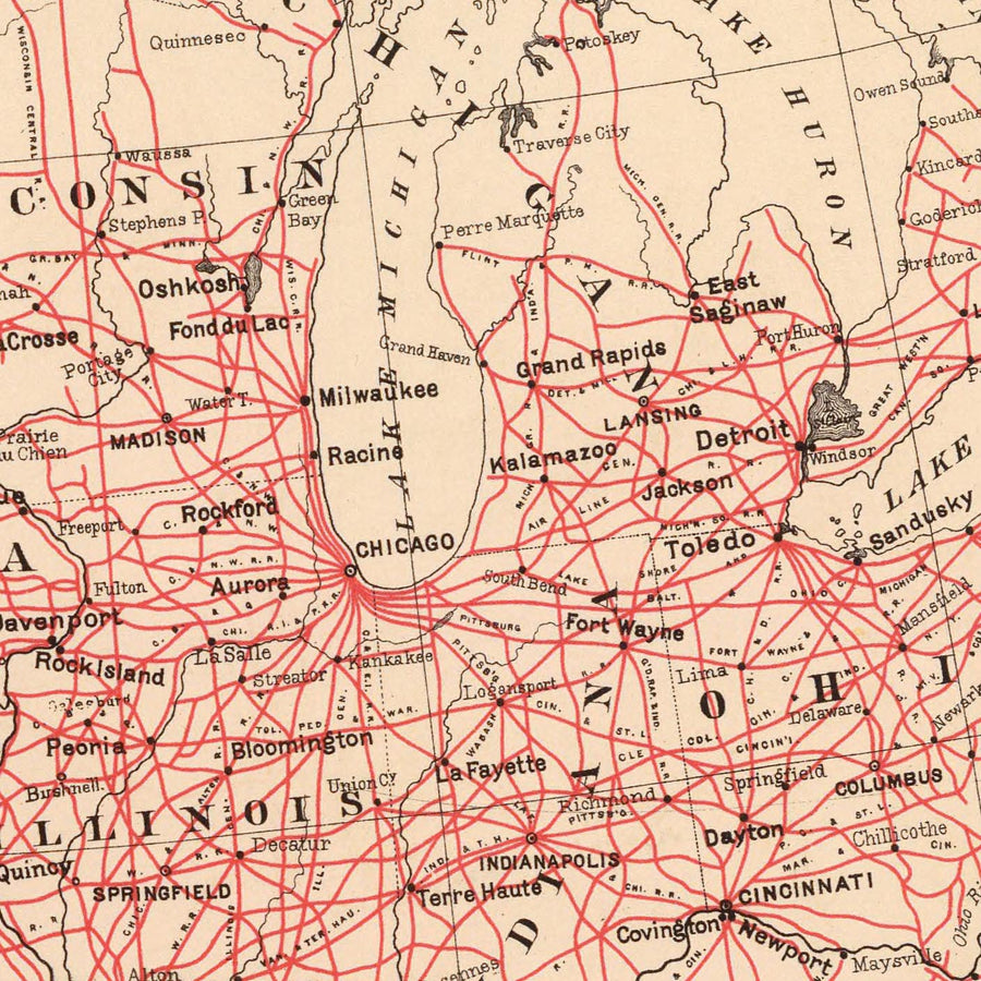 Alte Eisenbahnkarte der Vereinigten Staaten von Samuel Mitchell, 1890: Atlantic-zu-Pazifik-Eisenbahndiagramm 