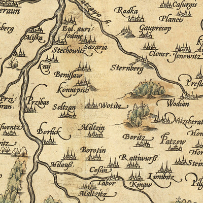 Ancienne carte de la République tchèque par Ortelius, 1579 : Prague, rivière Vltava, montagnes, forêts, cartouches