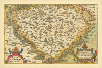 Alte Karte der Tschechischen Republik von Ortelius, 1579: Prag, Moldau, Berge, Wälder, Kartuschen