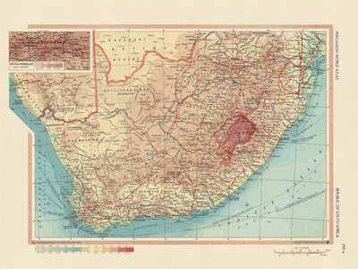 Ancienne carte de l'Afrique du Sud, 1967 : Johannesburg, Le Cap, le parc national Kruger, les montagnes du Drakensberg, le massacre de Sharpeville