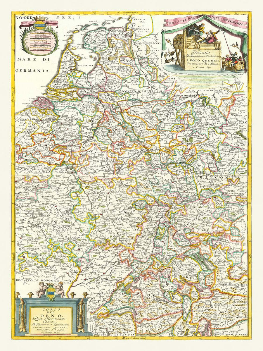 Ancienne carte du bassin du Rhin en Europe par Coronelli, 1690 : Bâle, Cologne, Francfort, lac de Constance, Alpes suisses 