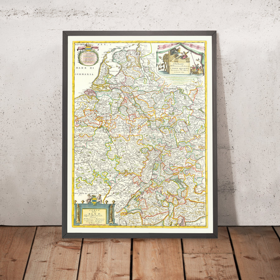 Ancienne carte du bassin du Rhin en Europe par Coronelli, 1690 : Bâle, Cologne, Francfort, lac de Constance, Alpes suisses 