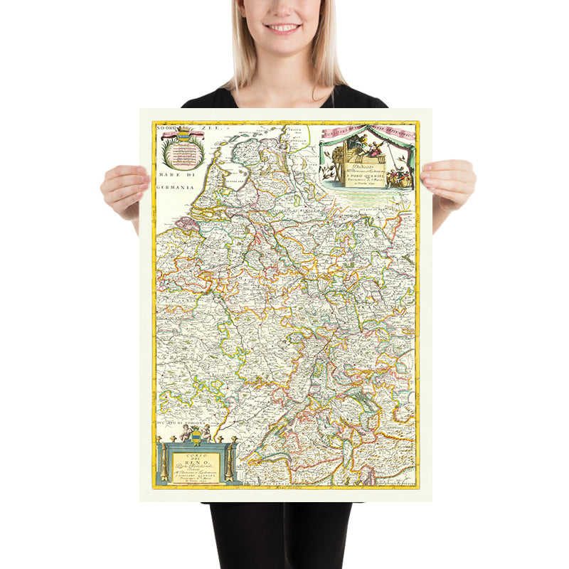 Ancienne carte du bassin du Rhin en Europe par Coronelli, 1690 : Bâle, Cologne, Francfort, lac de Constance, Alpes suisses 