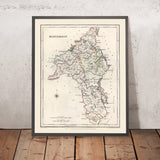 Ancienne carte du comté de Roscommon par Lewis, 1844 : Castlerea, Boyle, rivière Shannon, Lough Allen, Grande Famine 