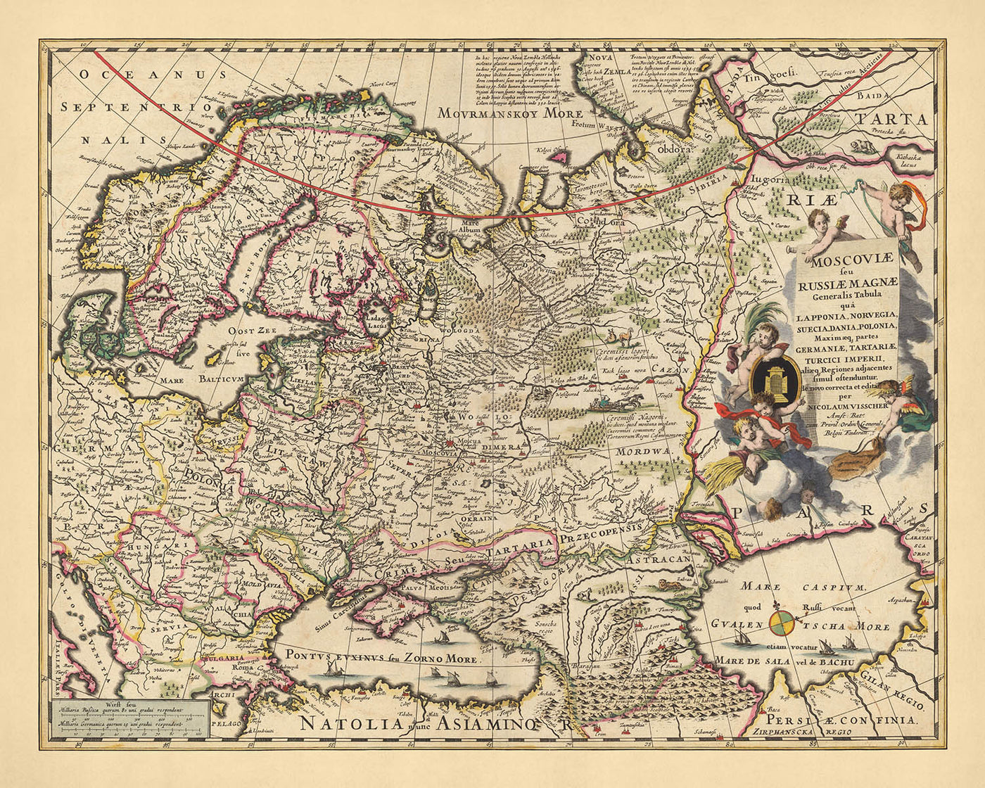 Ancienne carte de la Russie par Visscher, 1690 : Moscou, Varsovie, Budapest, Oslo, Stockholm
