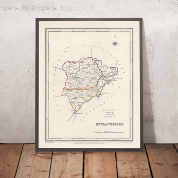 Mapa antiguo de Rutlandshire por Samuel Lewis, 1844: Oakham, Uppingham, Cottesmore, Langham, Belton