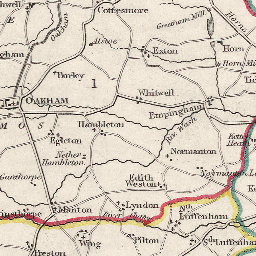 Alte Karte von Rutlandshire von Samuel Lewis, 1844: Oakham, Uppingham, Cottesmore, Langham, Belton 