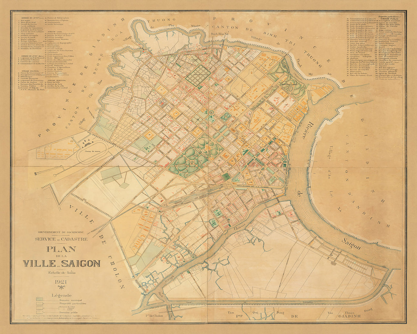 Carte ancienne de Saigon (Ho Chi Minh Ville), 1921 : Plan d'urbanisme colonial, Cholon, fleuve Saigon, architecture française, rues historiques