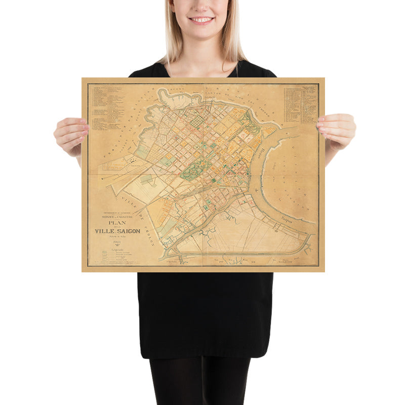 Mapa antiguo de Saigón (Ciudad Ho Chi Minh), 1921: Plan urbano colonial, Cholon, Río Saigón, Arquitectura francesa, Calles históricas