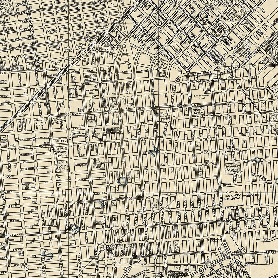 Mappa stradale antica di San Francisco, 1938: Ponte Golden Gate, Chinatown, Presidio, Wharf del pescatore, Fort Mason 