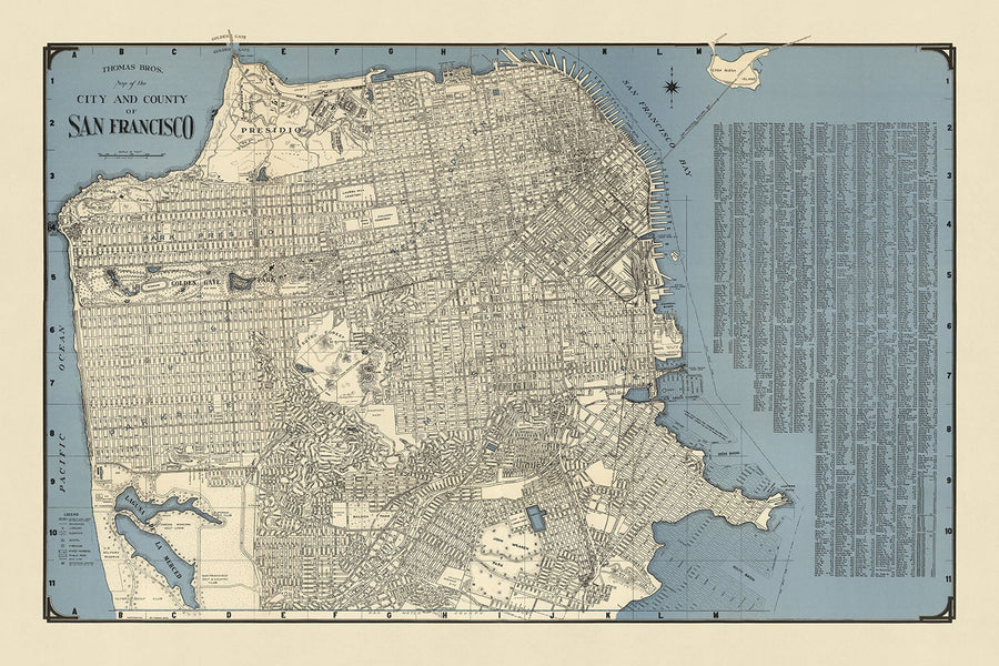 Mappa stradale antica di San Francisco, 1938: Ponte Golden Gate, Chinatown, Presidio, Wharf del pescatore, Fort Mason 