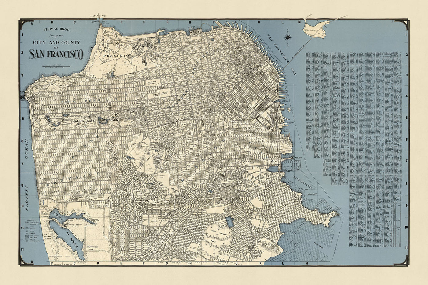 Mapa antiguo de San Francisco, 1938: Puente Golden Gate, Chinatown, Presidio, Fisherman's Wharf, Alcatraz