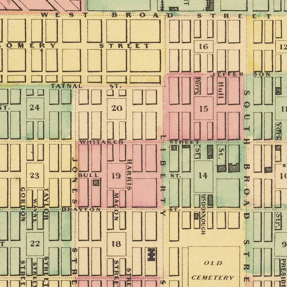 Alte Karte von Savannah von Colton, 1855: Forsyth Place, Eisenbahndepots, Hutchinson's Island, Fishers Reef, Wards