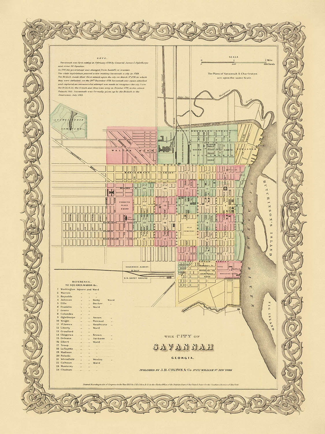 Alte Karte von Savannah von Colton, 1855: Forsyth Place, Eisenbahndepots, Hutchinson's Island, Fishers Reef, Wards