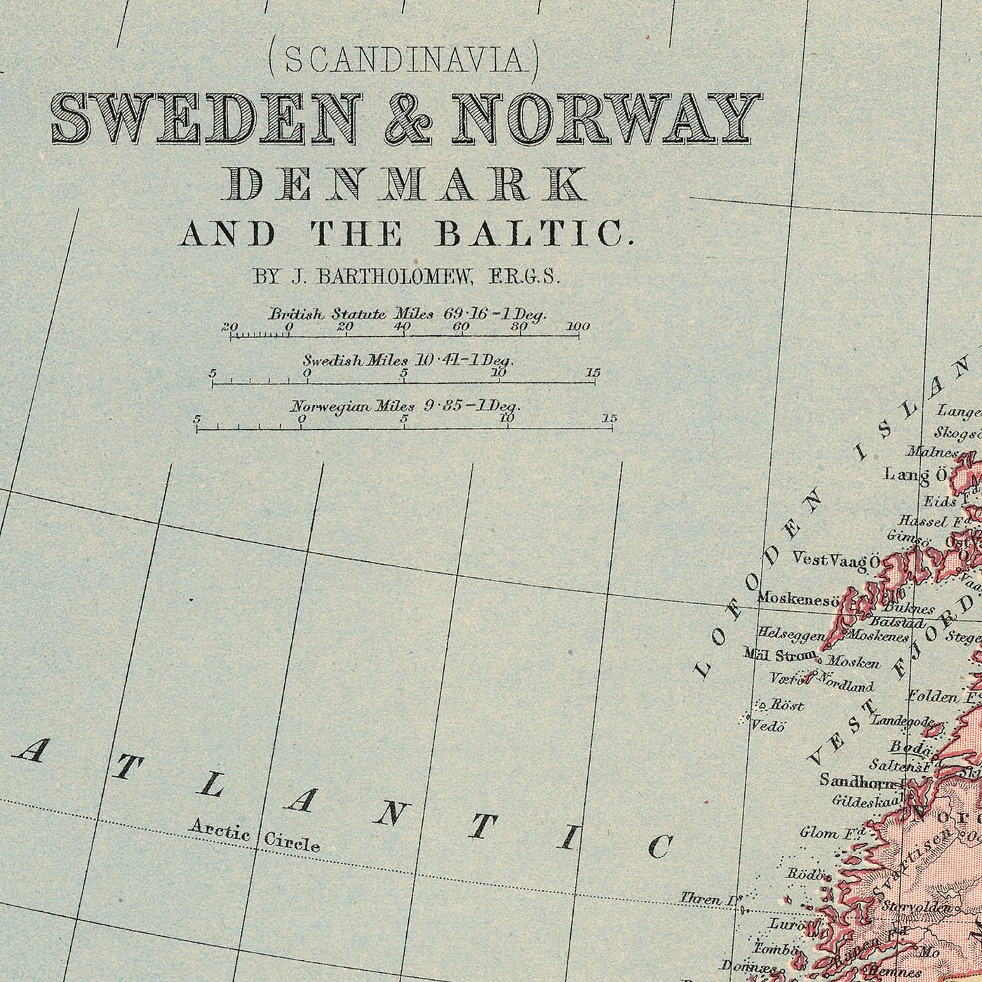 Old Map of Scandinavia by Bartholomew, 1871: Stockholm, Copenhagen, Oslo, Baltic Sea, Scandes