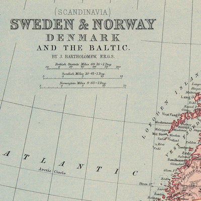 Old Map of Scandinavia by Bartholomew, 1871: Stockholm, Copenhagen, Oslo, Baltic Sea, Scandes