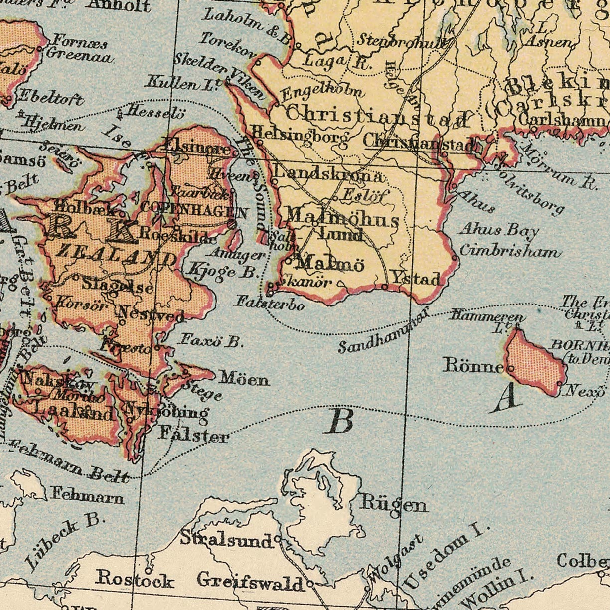 Old Map of Scandinavia by Bartholomew, 1871: Stockholm, Copenhagen, Oslo, Baltic Sea, Scandes