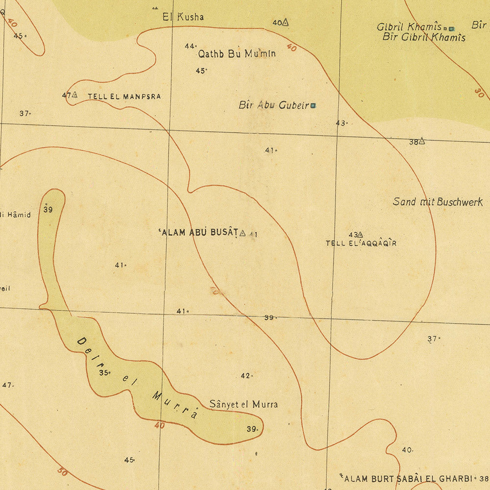 Alte Militärkarte von El Alamein der deutschen Armee, 1942: El Alamein, Ed Daba, Schützengräben, Eisenbahn, Dünen