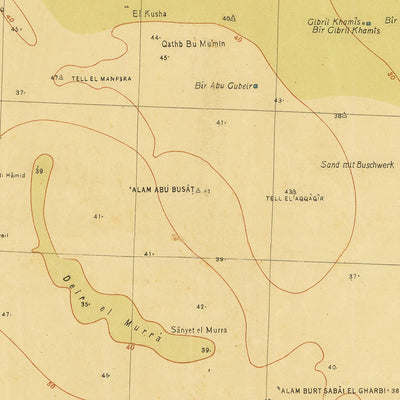 Ancienne carte militaire d'El Alamein par l'armée allemande, 1942 : El Alamein, Ed Daba, tranchées, chemin de fer, dunes