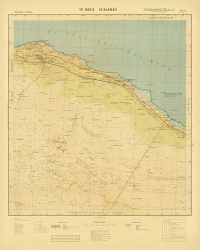 Old Map of El Alamein by German Army, 1942: WW2, Ed Daba, Trenches, Railway, Dunes