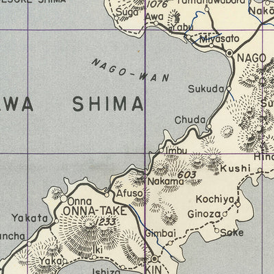 Mapa militar antiguo de Okinawa realizado por el 64.º Batallón Topográfico de la Base de Ingenieros, 1945: Naha, aeródromo de Kadena, Ie Shima, aeródromo de Yontan, Kanna Saki