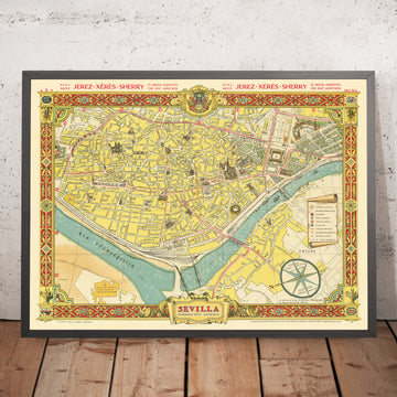 Alter bildlicher Stadtplan von Sevilla von Fuentes, 1950: Kathedrale, Torre del Oro, Triana, Alcázar, Guadalquivir 
