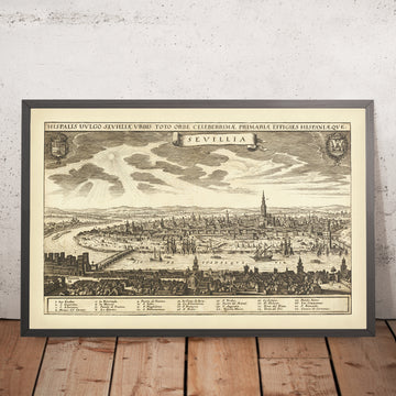 Old Birdseye Map of Seville by Merian, 1638: Triana, Torre del Oro, Torre del Plata, La Lonja, El Alcazar