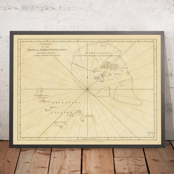 Alter Seekarte der Seychellen von Grenier, 1776: Mahé, Amiranten, Drei Brüder, Sieben Brüder, Seychellenbank 