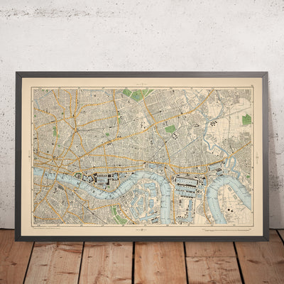 Alte Karte von London, 1900: Tower of London, Themse, Isle of Dogs, London Docks, Shoreditch