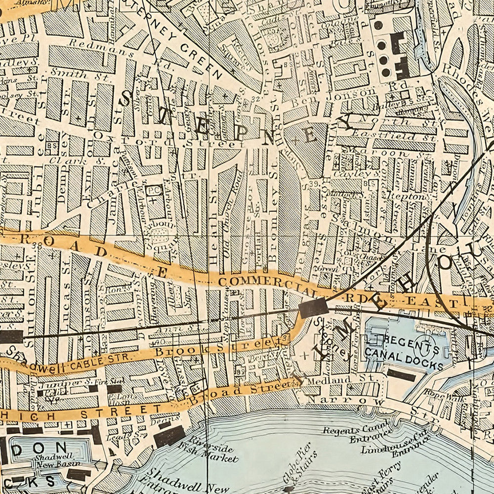 Alte Karte von London, 1900: Tower of London, Themse, Isle of Dogs, London Docks, Shoreditch