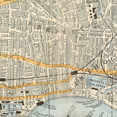 Alte Karte von London, 1900: Tower of London, Themse, Isle of Dogs, London Docks, Shoreditch