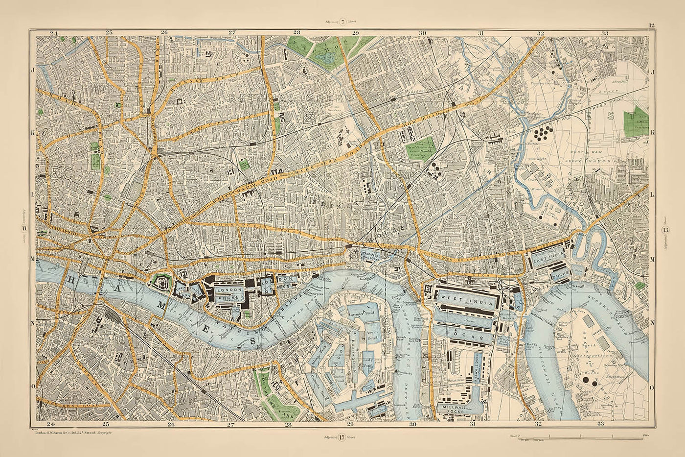 Alte Karte von London, 1900: Tower of London, Themse, Isle of Dogs, London Docks, Shoreditch