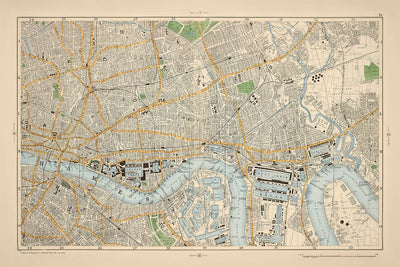 Alte Karte von London, 1900: Tower of London, Themse, Isle of Dogs, London Docks, Shoreditch