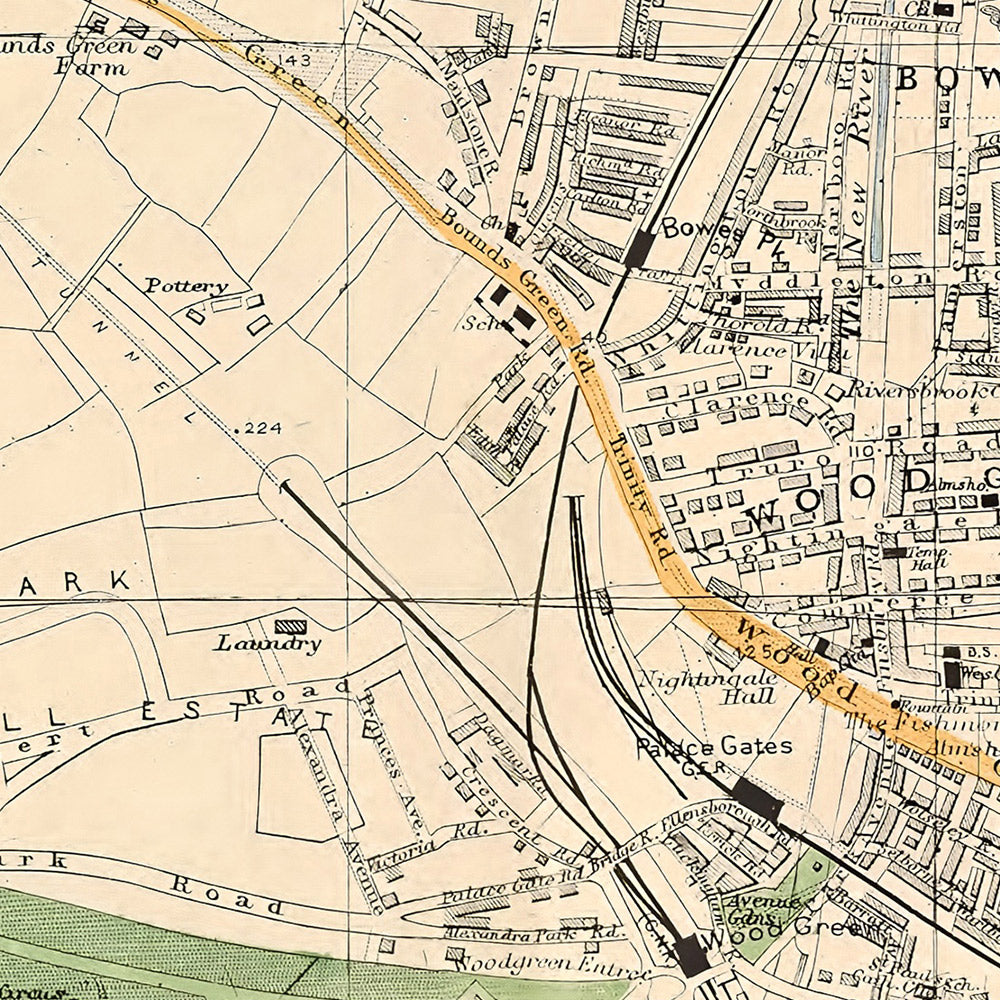 Alte Karte von London von Bacon, 1900: Colney Hatch, Alexandra Park, Muswell Hill, Hornsey, Palmers Green