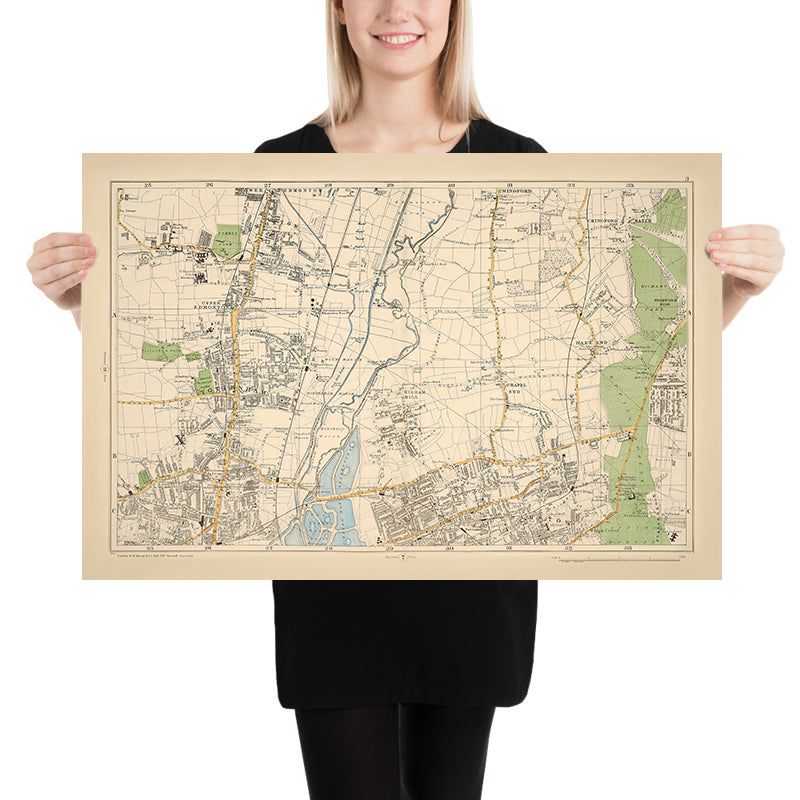 Mapa antiguo de Londres, 1900: Edmonton, Tottenham, Walthamstow, embalses, Woodford Park