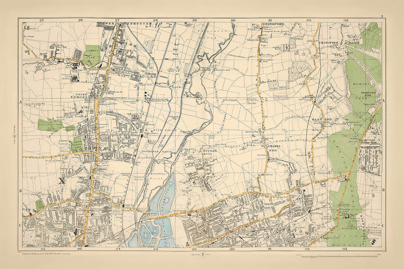 Alte Karte von London, 1900: Edmonton, Tottenham, Walthamstow, Stauseen, Woodford Park