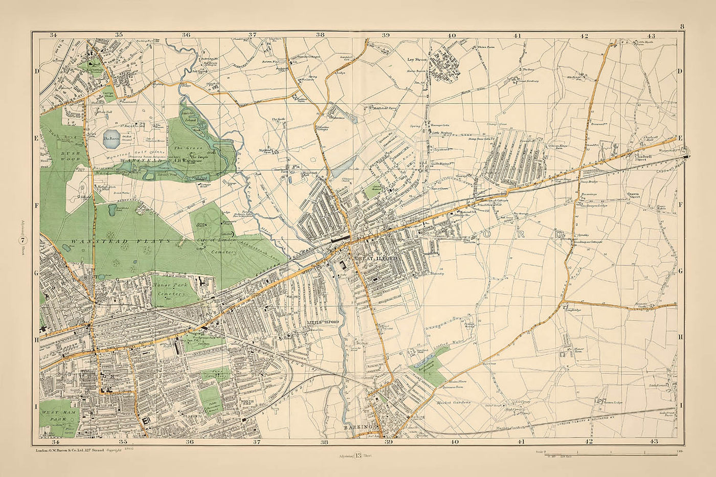 Alte Karte von London, 1900: Wanstead, Ilford, Barking, Wanstead Flats, West Ham Park