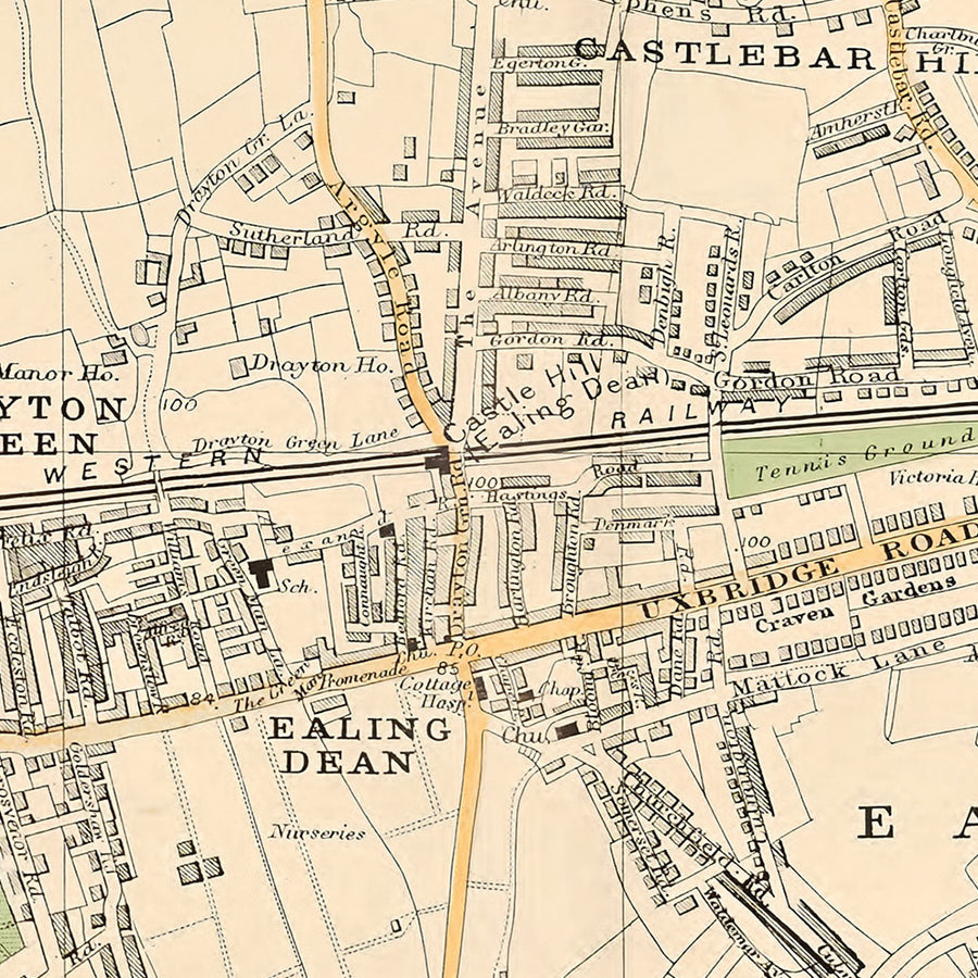 Mappa antica di West London, 1900: Hanwell, Ealing, Acton, Osterley Park, Gunnersbury Park 