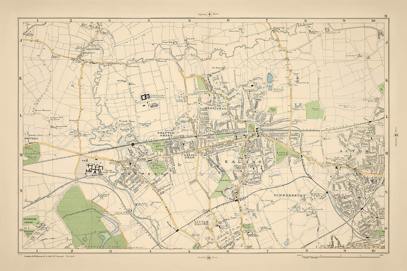 Alte Karte von London, 1900: Hanwell, Ealing, Acton, Osterley Park, Gunnersbury Park