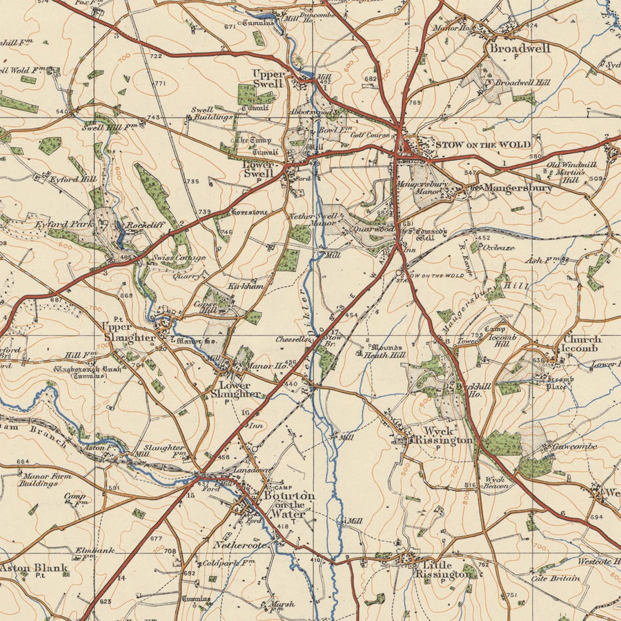Alte Ordnance Survey-Karte, Blatt 93 - Stow on the Wold, 1925: Moreton-in-Marsh, Chipping Norton, Bourton-on-the-Water, Witney, Cotswolds AONB 